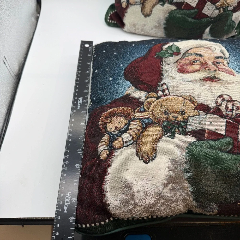 Vtg Christmas Tapestry Santa Claus Woven Throw Pillows Green Set 2 grandmacore